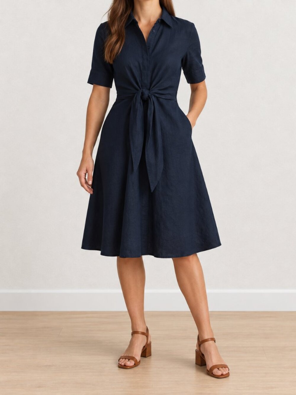 Ralph Lauren Tie-Front Linen Shirtdress, Navy, Size 6